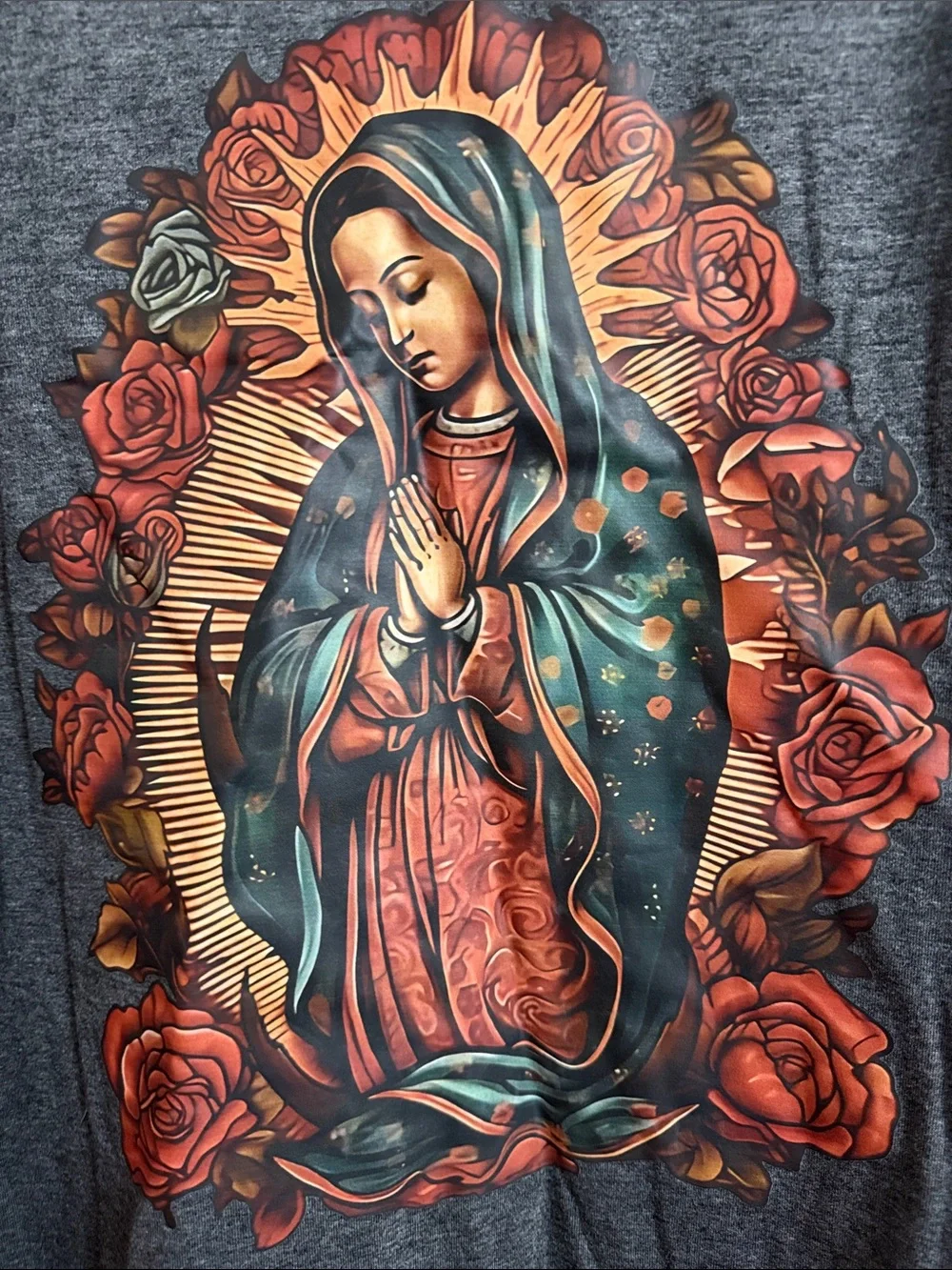 Long Sleeve Graphic Tee with Our Lady Guadalupe Artwork - Gray - Picture 2 of 4